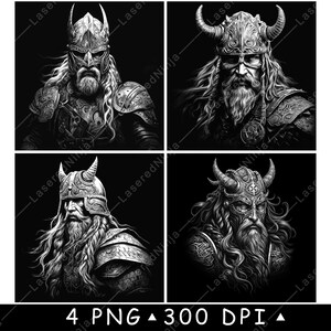 May include: Four black and white digital illustrations of a Viking warrior wearing a horned helmet and armour. The warrior has a long beard and a serious expression.