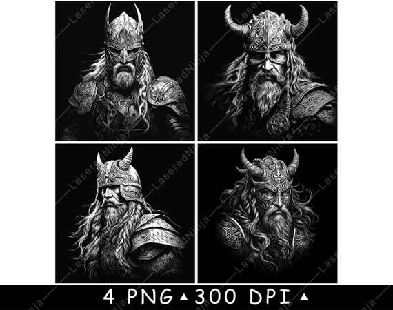 Viking Warrior Portrait Grayscale Bundle for Laser Engraving, Norse Helmet Printable PNG Design Art