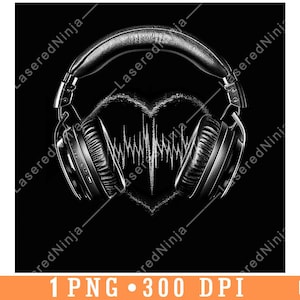 Hart Audio Geluidsgolf Koptelefoon Muziek Liefde Ritme Beat Laser Bestand Onderzetter Branden Grijstinten leisteen PNG-afbeelding Graveren Zwart Wit Etsen CO2,een