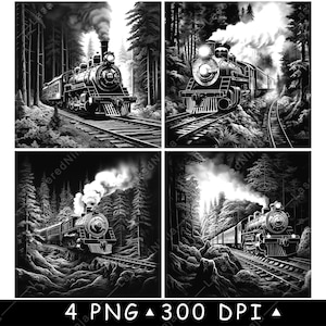 Klassieke trein Jungle Oude spoorweg Stoommachine Locomotief Laserbestand Onderzetter Branden grijstinten leisteen PNG-afbeelding graveren zwart wit etsen CO2 CNC