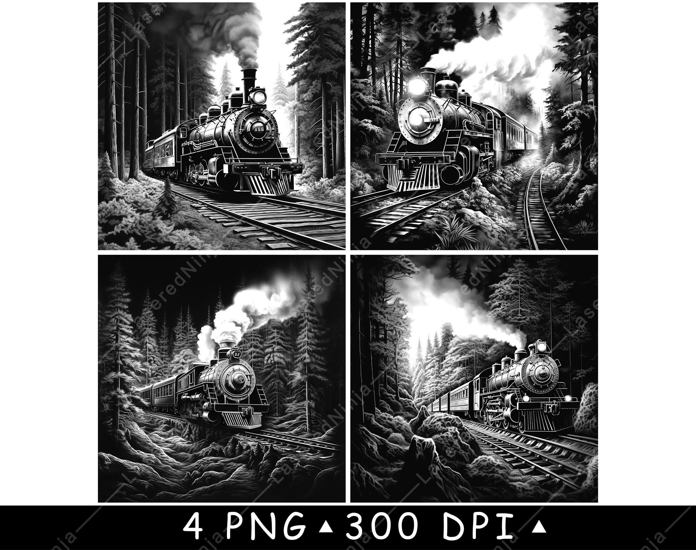 Steam Locomotive Forest Scene Bundle Black and White Vintage Train ...