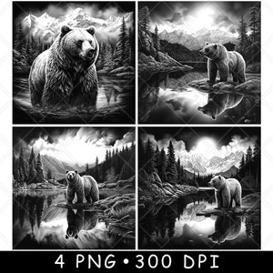 Ours grizzli noir brun Kodiak Lake Mountain Laser PNG Dessous de verre en ardoise Gravure sur bois Noir blanc CNC, Glowforge, LightBurn, Diode CO2, xtool