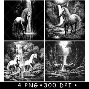 Paard Waterval Scène Arabische Mustang Hengst Rivier Herfst Laserbestand Onderzetter Branden Grijstinten leisteen PNG-afbeelding Graveren Zwart Wit Etsen CO2 CNC