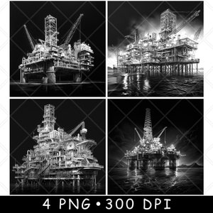 May include: Four black and white images of offshore oil rigs. The rigs are made of metal and have many platforms and towers. The rigs are in the water and there is a dark sky in the background.