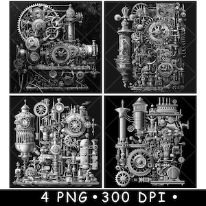 Steampunk Gears Machinery Engine Oude Engrenage Mechanische Laser Bestand Onderzetter Branden Grijstinten Leisteen PNG-afbeelding Graveren Zwart Wit Etsen CO2 Cnc