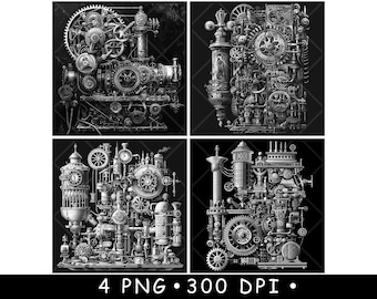 May include: Four grayscale steampunk machine illustrations. Each image features intricate gears, pipes, and mechanical components. The designs are detailed and complex, with a vintage aesthetic. The images are set against a black background.