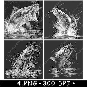 May include: Four black and white digital illustrations of a catfish jumping out of the water. The catfish are drawn in a realistic style with detailed scales and fins. The water is depicted with splashes and bubbles.