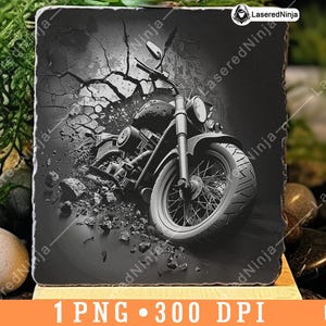 May include: A black and white image of a motorcycle breaking through cracked pavement. The motorcycle is in focus, while the background is blurred.