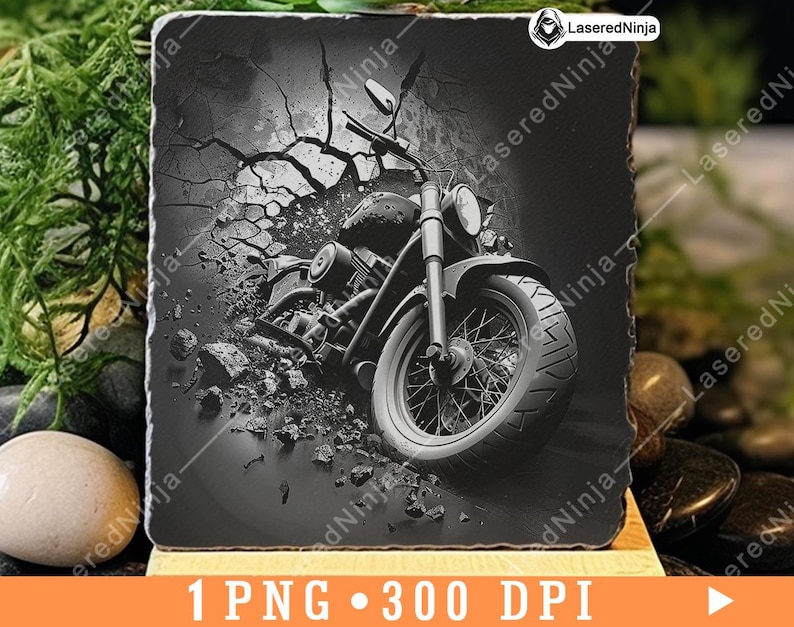 May include: A black and white image of a motorcycle breaking through cracked pavement. The motorcycle is in focus, while the background is blurred.