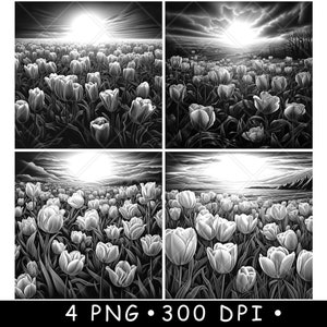 Tulpen Veld Zonsopgang Lente Landschap Zomer Bloemen Laserbestand Onderzetter Branden Grijswaarden leisteen PNG-afbeelding Graveren Zwart Wit Etsen CO2 CNC