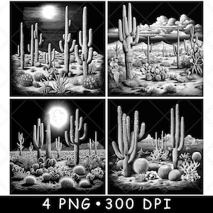 Cactus saguaro del desierto de Sonora, paisaje del oeste del parque de Arizona, archivo láser, posavasos, escala de grises, pizarra, imagen PNG, grabado, blanco y negro, CO2, CNC