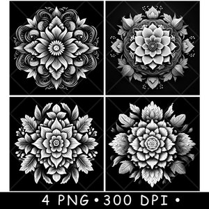 Mandala Art inspiré de la nature fleur cercle motif symbole fichier laser dessous de verre graver en niveaux de gris ardoise image PNG graver noir blanc gravure CO2 Cnc