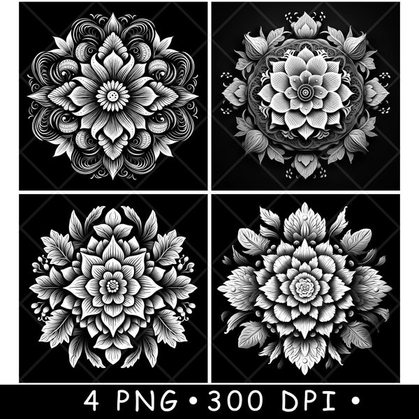Mandala Art Nature Inspired Flower Circle Pattern Symbol Laser File Coaster Burn Grayscale PNG Image Engrave Black White Slate Etch CO2 Cnc