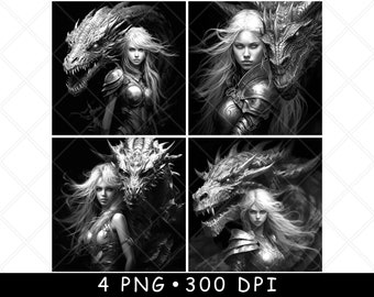 Female Dragon Warrior Princess Drache Thrones Coaster Game Laser File Slate Etch Engrave Black White PNG Images,Glowforge,LightBurn,CO2,Cnc