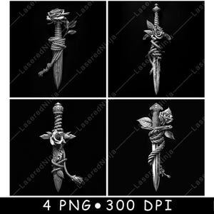 Può includere: Quattro immagini in scala di grigi di pugnali decorativi. Ogni pugnale è adornato con rose e avvolto con una corda. Il testo "4 PNG • 300 DPI" è nella parte inferiore dell'immagine.