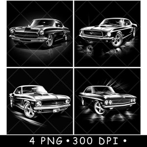 Classic American Muscle Car Black and White Illustration Bundle for Laser Engraving and CNC Cutting Files
