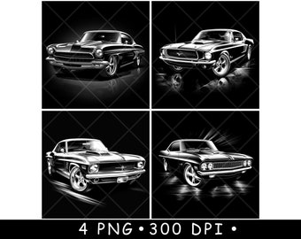 Puede incluir: Cuatro imágenes en blanco y negro de coches clásicos americanos. Cada imagen presenta un coche diferente, con un enfoque en la parte delantera del vehículo. Los coches son todos de un estilo elegante y moderno.