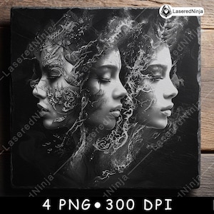 Bella donna affronta dea eterea strati riflessione laser file sottobicchiere bruciare scala di grigi ardesia immagine PNG incidere nero bianco incisione CO2 cnc