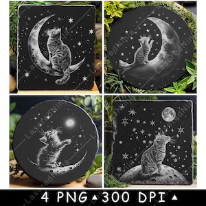 Chat croissant de lune étoiles nuit magique pays des rêves Fantasy fichier laser sous-verre graver en niveaux de gris ardoise image PNG graver noir blanc gravure CO2 Cnc
