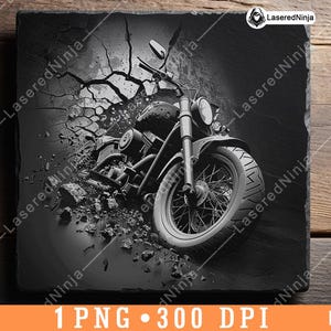 May include: A black and white image of a motorcycle breaking through cracked pavement. The motorcycle has a large front tyre and a detailed design.
