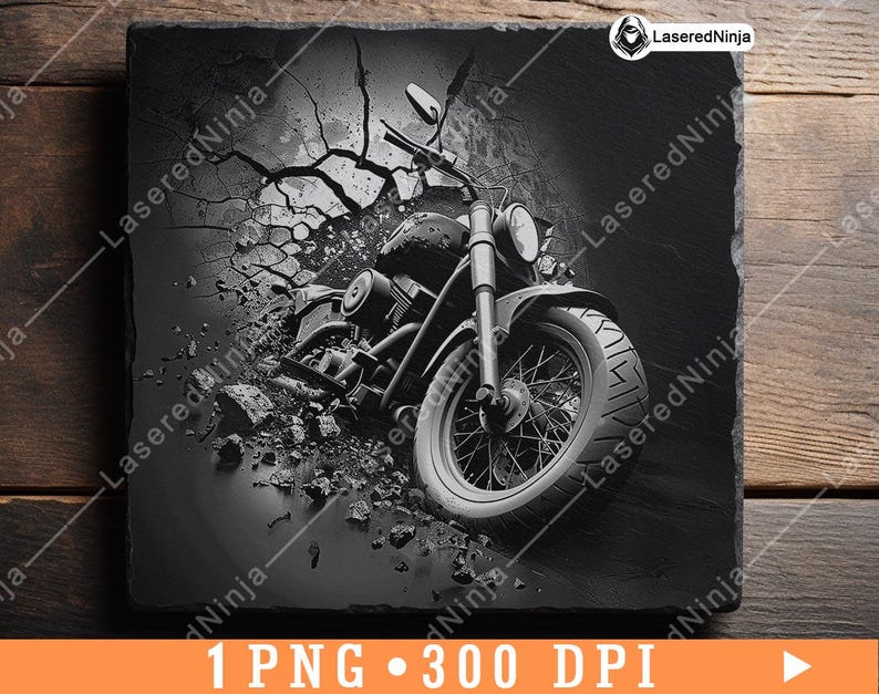 May include: A black and white image of a motorcycle breaking through cracked pavement. The motorcycle has a large front tyre and a detailed design.