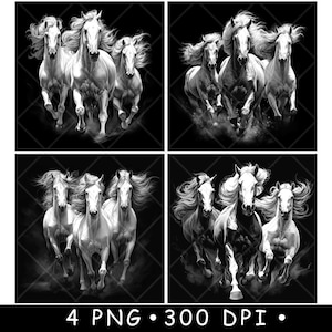 Chevaux au galop en cours d'exécution, troupeau de mustangs arabes équidés sauvages fichier laser sous-bock graver en niveaux de gris ardoise image PNG graver noir blanc gravure CO2 Cnc