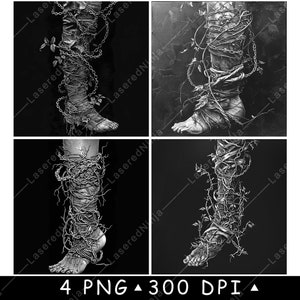 May include: A black and white digital illustration of a leg bound by vines and chains. The leg is bare and the vines and chains are intertwined.