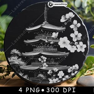 Pagoda japonesa con flores de cerezo, jardín zen, templo de Sakura, posavasos con láser, escala de grises, pizarra, imagen PNG, grabado en blanco y negro, grabado con CO2, CNC