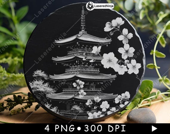 Japanese Pagoda Cherry Blossoms Zen Garden Sakura Temple Laser