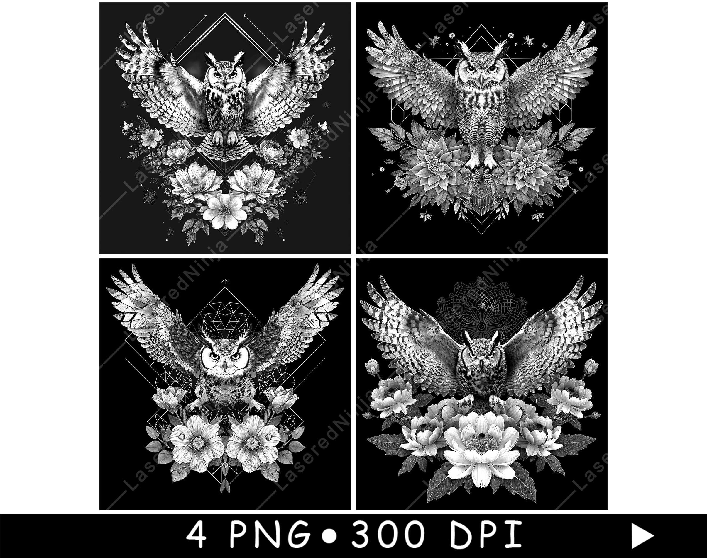 Owl and Floral Scene Bundle in Black and White Majestic Bird Designs with Flowers for Laser Engravin