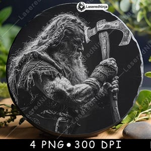 May include: A black and white image of a Viking warrior with a long beard holding an axe. The image is engraved on a round, black slate coaster.