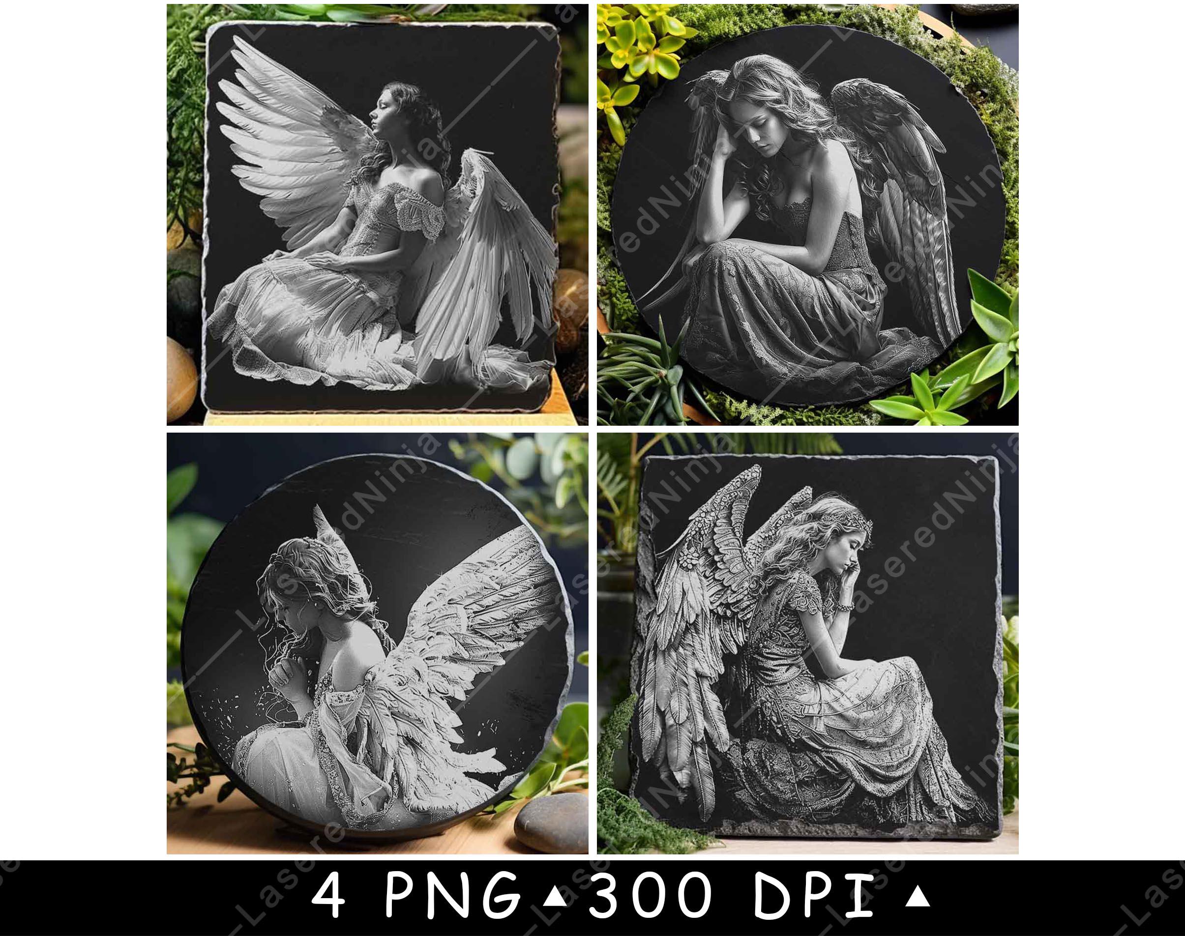 Beautiful Angel Wings Heavenly Creature Ethereal Divine Laser File Coaster Burn Grayscale Slate PNG Image Engrave Black White Etch CO2 Cnc