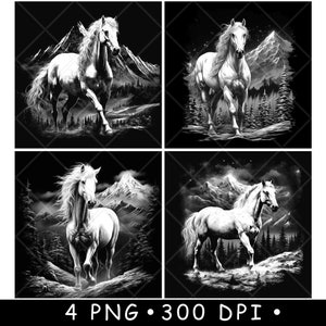 Cheval Arabian Mustang Snowy Mountain hiver Wilderness fichier laser sous-verre graver en niveaux de gris ardoise image PNG graver noir blanc gravure CO2 Cnc