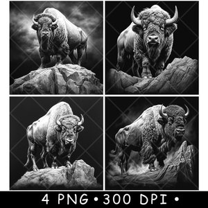 Bisonte, búfalo, toro, montaña, roca, fauna, naturaleza, escena, archivo láser, posavasos, quemar, escala de grises, pizarra, imagen PNG, grabar, blanco y negro, grabado, CO2, CNC