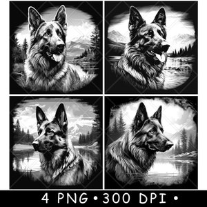 Deutscher Schäferhund K9 Polizei See Bergwald Laser Untersetzer Brennen Graustufen Schiefer PNG Bild Gravieren Schwarz Weiß Etch CO2 Cnc