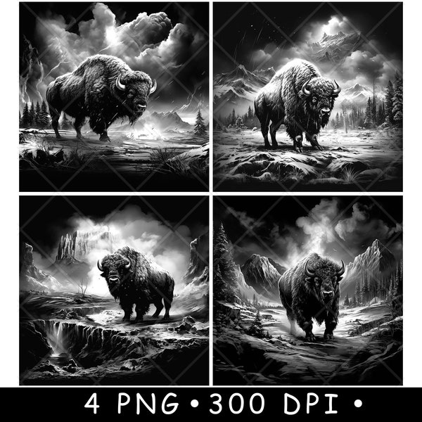 Bison Bull Buffalo Wild Mountains Landscape Scene Stormy Laser File Coaster Burn Grayscale PNG Image Engrave Black White Slate Etch CO2 Cnc