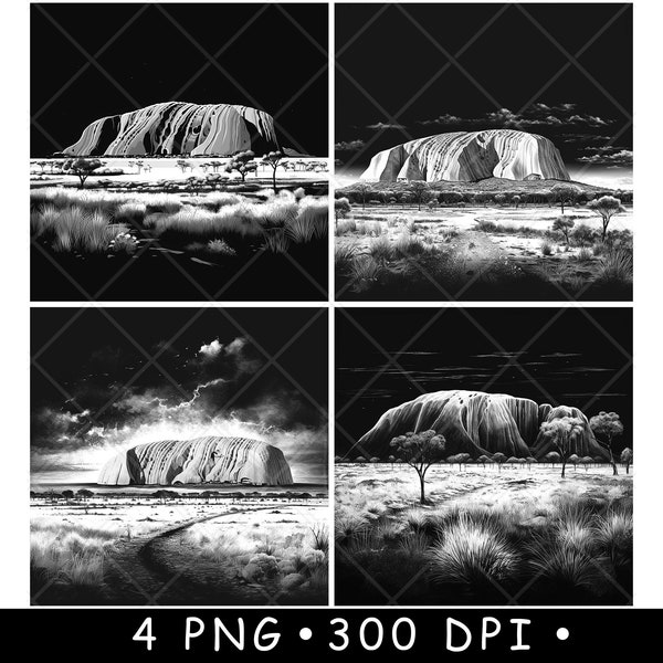 Uluru Ancient Monolith Paintings Art Größte einzelne Felsen Untersetzer Laser Burn Graustufen PNG-Bild Gravieren Schwarz Weiß Datei Schiefer Ätzen CO2 Cnc