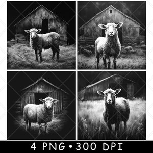 Schaf Rustikale Bauernhof Scheune Lamm Wolle Ranch Land Pastoral Laser Untersetzer Brennen Graustufen Schiefer PNG Bild Gravieren Schwarz Weiß Etch CO2 Cnc