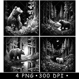 Grizzlybeer Wild bos Scène Bruin Kodiak-dennenbomen Laserbestand Onderzetter Branden grijstinten leisteen PNG-afbeelding graveren zwart wit etsen CO2 CNC