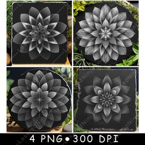 May include: Four black square coasters with white mandala designs. Each coaster features a different intricate pattern of overlapping circles and lines.