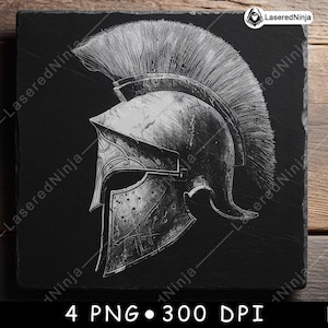 Casque de gladiateur de la Grèce antique, guerrier spartiate, équipement d'armure fichier laser sous-verre graver en niveaux de gris ardoise image PNG graver noir blanc gravure CO2 Cnc