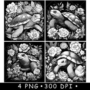 May include: Four black and white digital illustrations of turtles surrounded by flowers. Each image features a turtle with a detailed shell and a floral background.