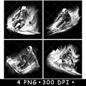Ski snowboard skieur sport d'hiver ski alpin scène fichier laser sous-verres graver en niveaux de gris ardoise image PNG graver noir blanc gravure CO2 Cnc