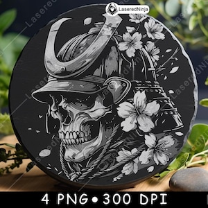 Samurai schedel traditionele Japanse krijger pantser bloemen laserbestand onderzetter branden grijswaarden leisteen PNG-afbeelding graveren zwart wit etsen CO2 cnc