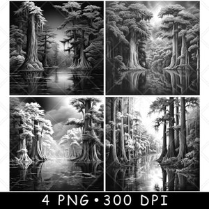 Swamp Bald Cypress Wetland Trees South Georgia Lake Scene Laser File Coaster Burn Grayscale Slate PNG Image Engrave Black White Etch CO2 Cnc