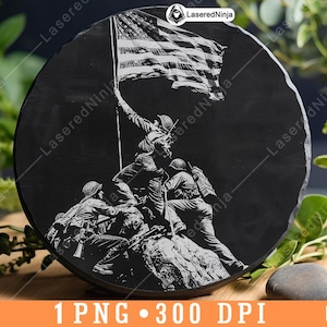 Soldats américains drapeau Iwo Jima élever des héros hommage armée fichier laser sous-bock graver ardoise en niveaux de gris image PNG graver noir blanc gravure CO2, un