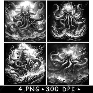 Kraken Mostro marino Polpo gigante Nave Mito Bestia oceanica File laser Sottobicchiere Brucia Scala di grigi Ardesia Immagine PNG Incisione Nero Bianco Incisione CO2 Cnc