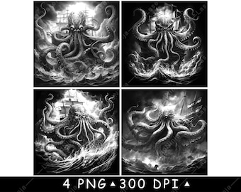 Kraken Sea Monster Black and White Ocean Creature Printable Nautical Laser Engraving Image
