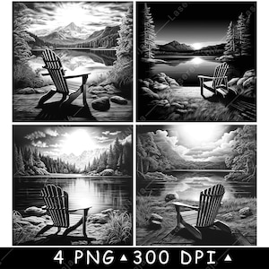 Silla clásica de madera para exteriores con diseño de montaña y lago Adirondack, archivo láser, posavasos, pizarra en escala de grises, imagen PNG, grabado en blanco y negro, CO2, CNC