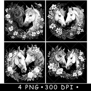 Paard paar hoofden bloemen bloemen Arabische hengstenliefhebbers laserbestand onderzetter branden grijstinten leisteen PNG-afbeelding graveren zwart wit etsen CO2 CNC